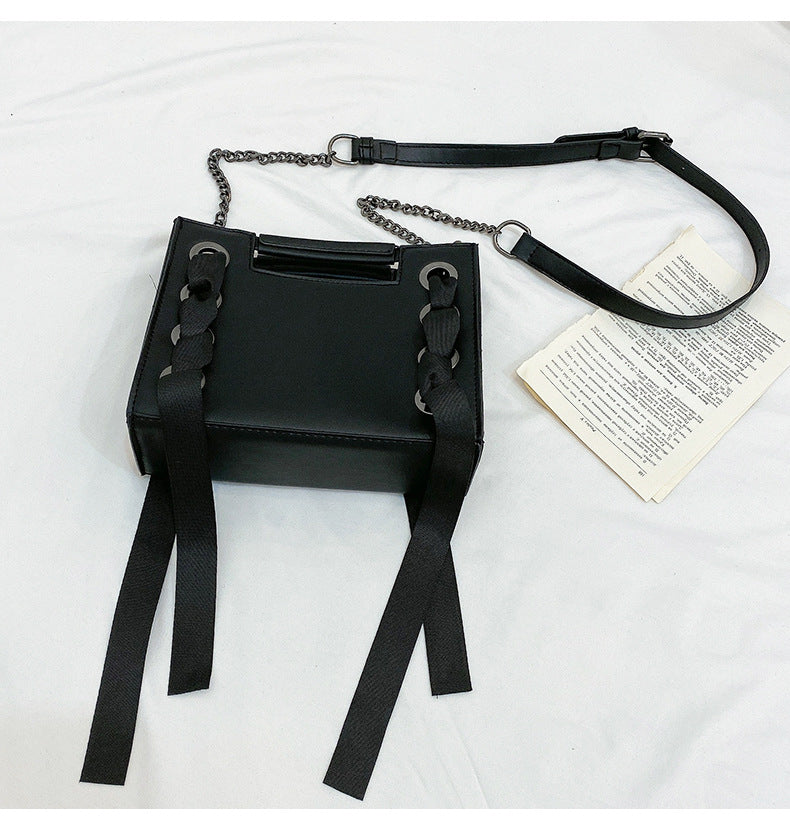 Vintage Black Ribbon Large Tote Handbags Drawstring Satin Crossbody Bags Chain Shoulder Bags