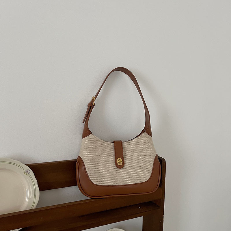 2026 new bag retro French canvas patchwork shoulder bag color bump handbag