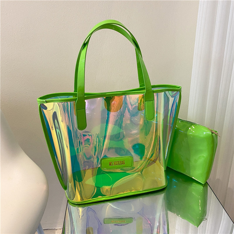Fashion PVC Shoulder Tote Bag with Inner Pouch Funky Holographic Beach Bag Letter Patch Decor PVC Clear Bag