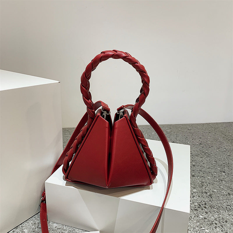 Triangle Bucket Handbags Women Clutch Purse Lady  PU Leather Shoulder Bags With Weaving Handle tas wanita
