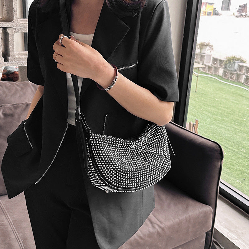 French Style Rhinestones Dumpling Bag Ladies Large Capacity Hobo Bag Fashionable One-shoulder Messenger Bag for Women