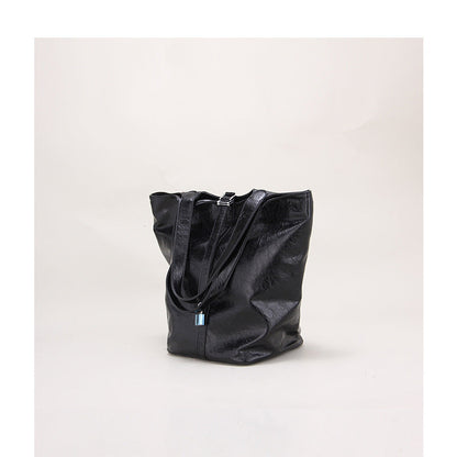 Retro Tote Basket Bag with Lock Large Capacity Bucket Bag Soft PU Leather Shoulder Bag for Women