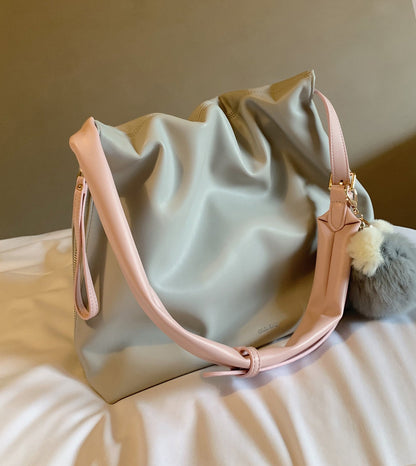 Women’s Bucket Tote Bag Zipper Closure Soft PU Leather Large Capacity Morandi Niche High Sense One Shoulder Tote Bag