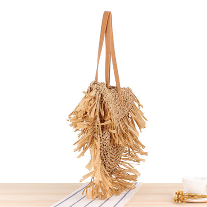 New half-round tassel shoulder straw bag fashion woven beach bag