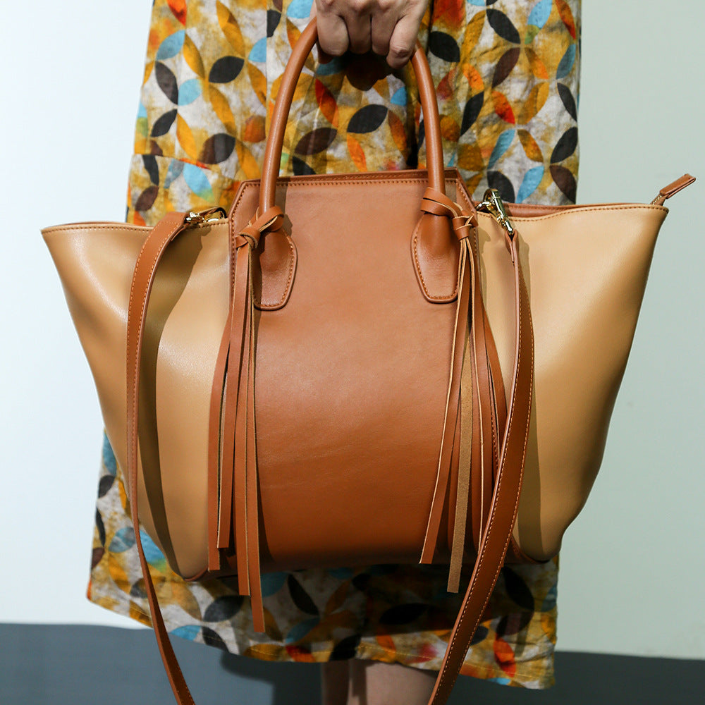 New Korean Top Grain Genuine leather Handbag  Ladies High Quality Leisure Large Tote Bag With Tassel