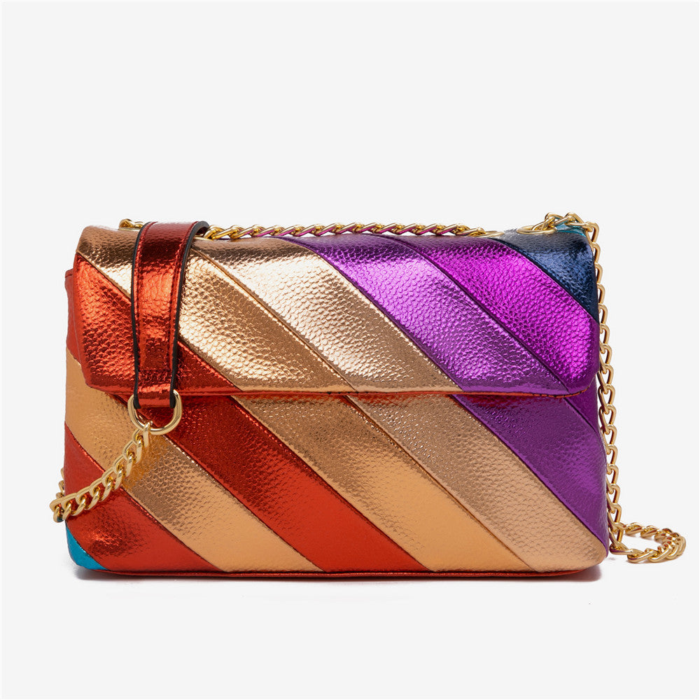 New Arrival Shiny Multi-color Stitching PU Handbag Rainbow Color Metallic Striped Chain Crossbody Bag