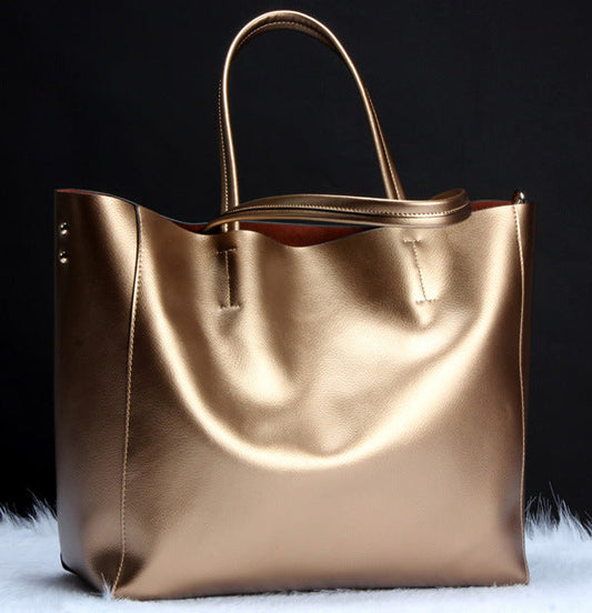 Women Real Leather Bag Fashion Tote Bag Ladies Handbag Gold Silver Tote Bag
