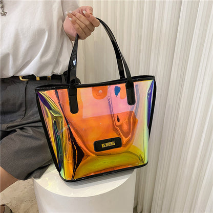 Fashion PVC Shoulder Tote Bag with Inner Pouch Funky Holographic Beach Bag Letter Patch Decor PVC Clear Bag