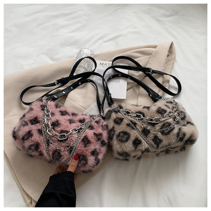 2026 new leopard print faux fur handbag women’s fluffy shoulder bag with chain ladies plush bag