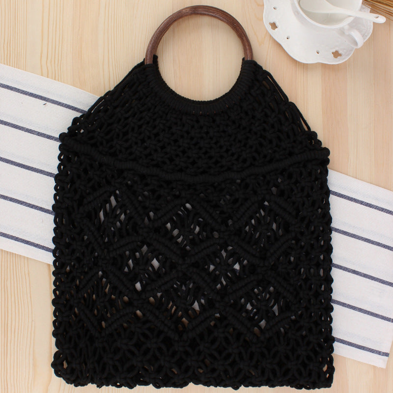 New portable woven bag Tidal women’s straw woven bag Handmade cotton rope net pocket beach bag