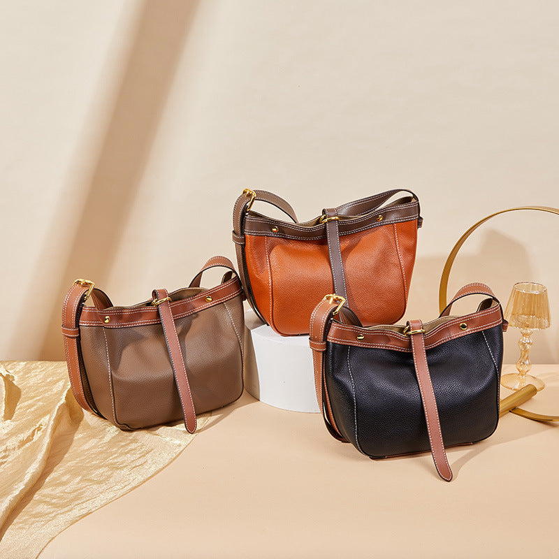 Hand-held top grain bucket bag female color matching high-end shoulder bag niche messenger bag tide