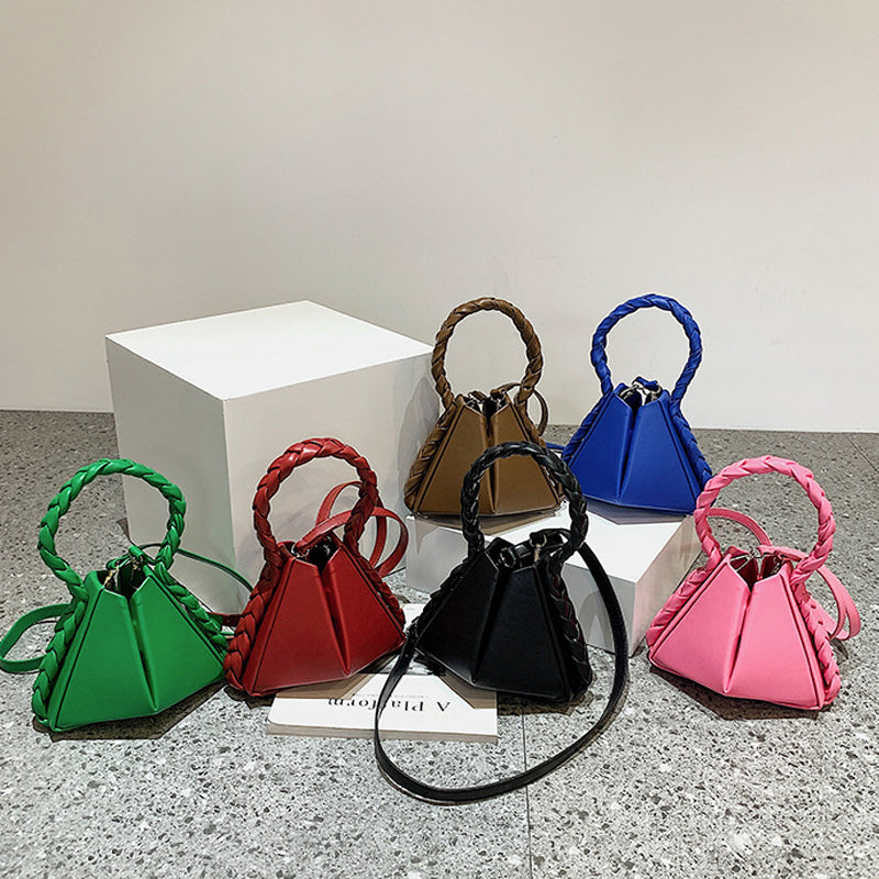 Triangle Bucket Handbags Women Clutch Purse Lady  PU Leather Shoulder Bags With Weaving Handle tas wanita
