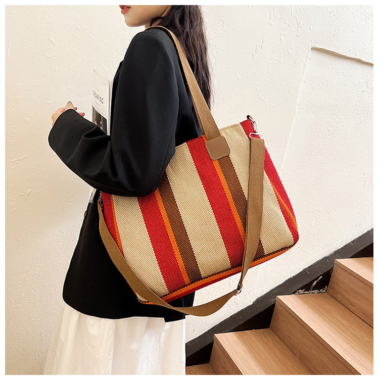 New Fashion Women’s Tote Bag Ladies Shoulder Crossbody Large Capacity Canvas Stripe Tote Bag