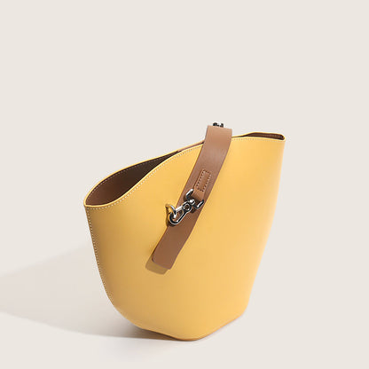 Women Luxury Bag Casual Tote Female Lemon Yellow Fashion Shoulder Handbag Lady Cowhide Genuine Leather Bucket Shopping Bag