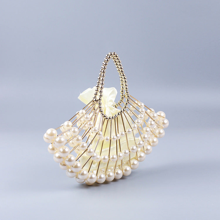 Pearl Hollow Copper Tube Beaded Fan Shape Ladies Dinner Clutch Hand Braided Bag Niche High Quality Handbag