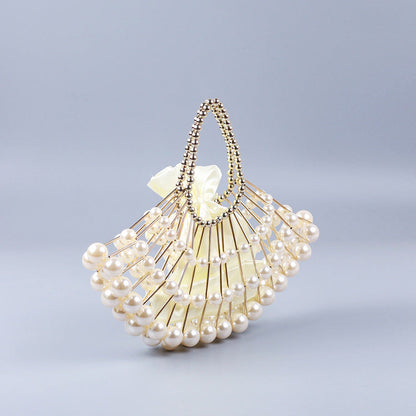 Pearl Hollow Copper Tube Beaded Fan Shape Ladies Dinner Clutch Hand Braided Bag Niche High Quality Handbag