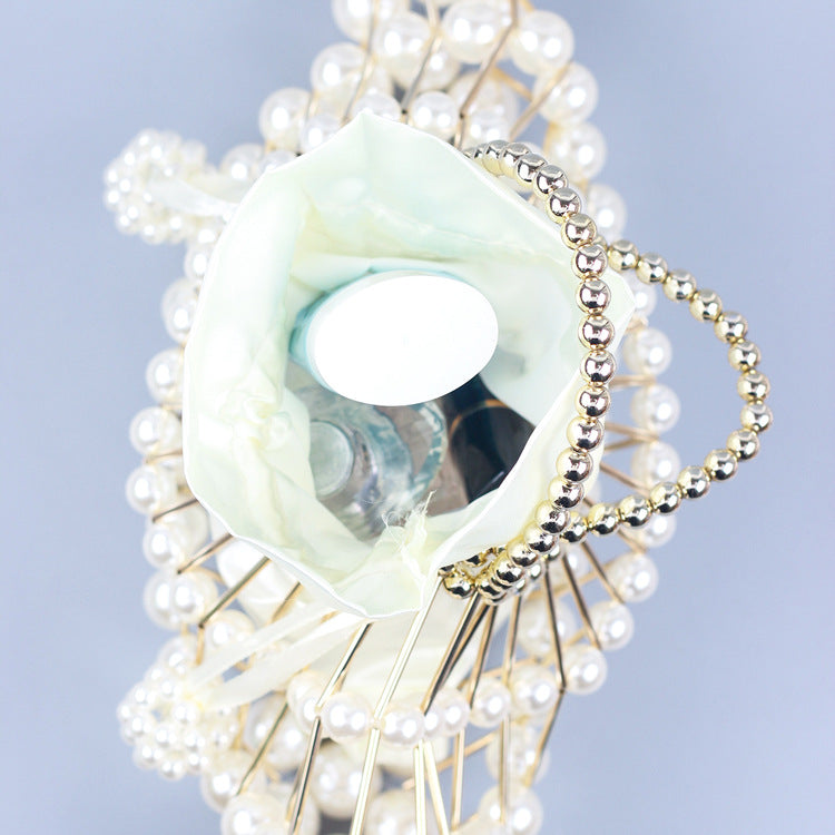 Pearl Hollow Copper Tube Beaded Fan Shape Ladies Dinner Clutch Hand Braided Bag Niche High Quality Handbag
