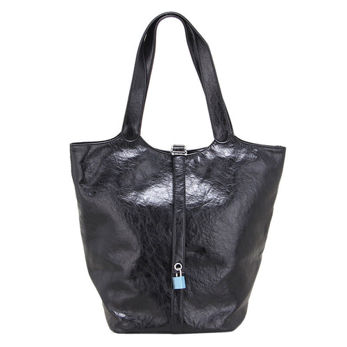 Retro Tote Basket Bag with Lock Large Capacity Bucket Bag Soft PU Leather Shoulder Bag for Women