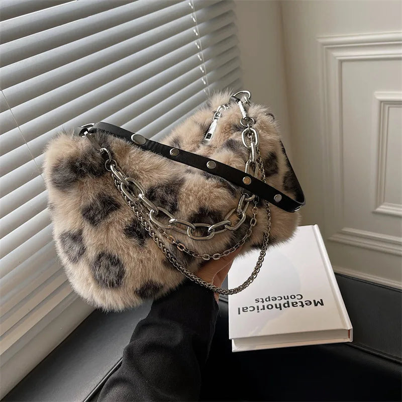 2026 new leopard print faux fur handbag women’s fluffy shoulder bag with chain ladies plush bag