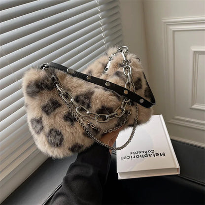 2026 new leopard print faux fur handbag women’s fluffy shoulder bag with chain ladies plush bag