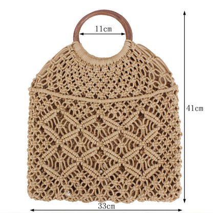 New portable woven bag Tidal women’s straw woven bag Handmade cotton rope net pocket beach bag