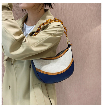 Canvas plus PU Shoulder Bag Underarm Messenger Bag PU Leather Ladies With Acrylic Chain