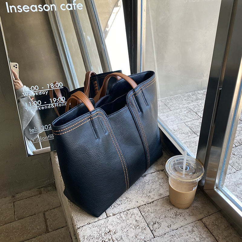 New Fashion Simple Tote Bag Retro Large Capacity Portable Soft Faux Leather Tote Shoulder Bag for Women