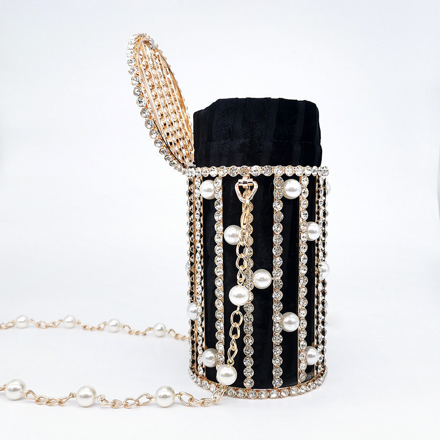 Cylindrical Pearl Rhinestone Metal Cage EVening Party Purse Ladies Beaded Chain Bucket Shoulder Bag