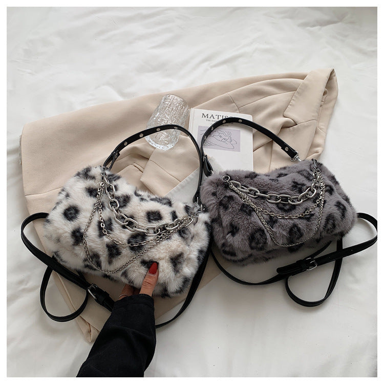 2026 new leopard print faux fur handbag women’s fluffy shoulder bag with chain ladies plush bag