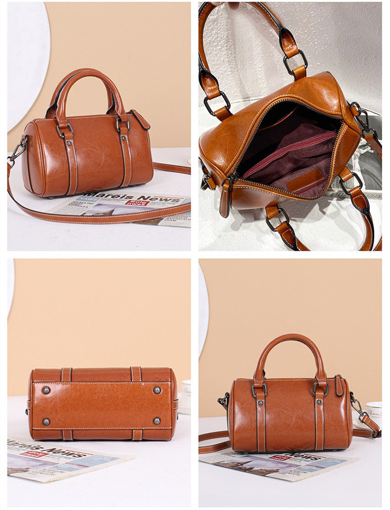 Oil Wax Cowhide Handbag 2026 New Trendy Womens Crossbody Handbag Boston Pillow Bag Genuine Leather Handbag