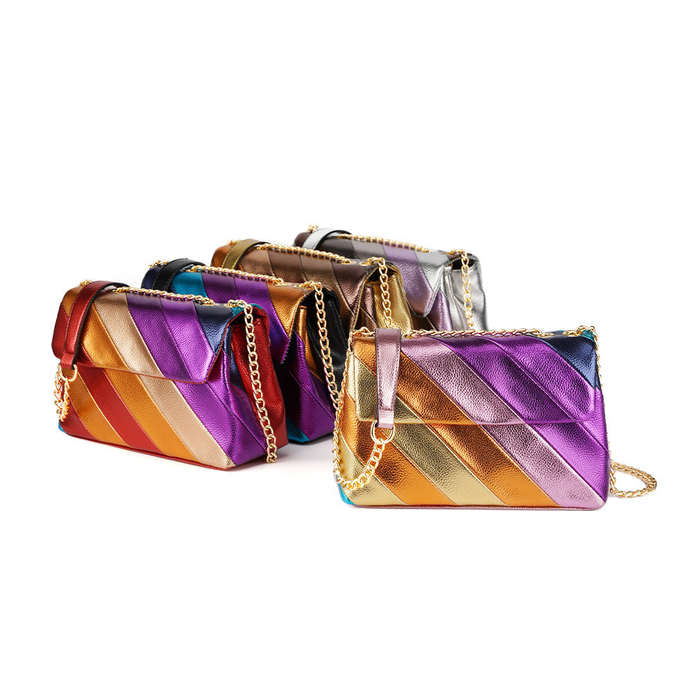 New Arrival Shiny Multi-color Stitching PU Handbag Rainbow Color Metallic Striped Chain Crossbody Bag