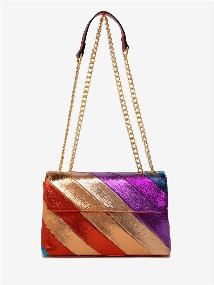 New Arrival Shiny Multi-color Stitching PU Handbag Rainbow Color Metallic Striped Chain Crossbody Bag