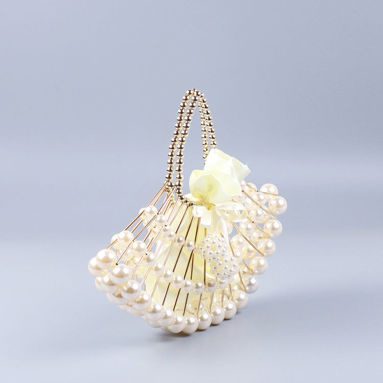 Pearl Hollow Copper Tube Beaded Fan Shape Ladies Dinner Clutch Hand Braided Bag Niche High Quality Handbag