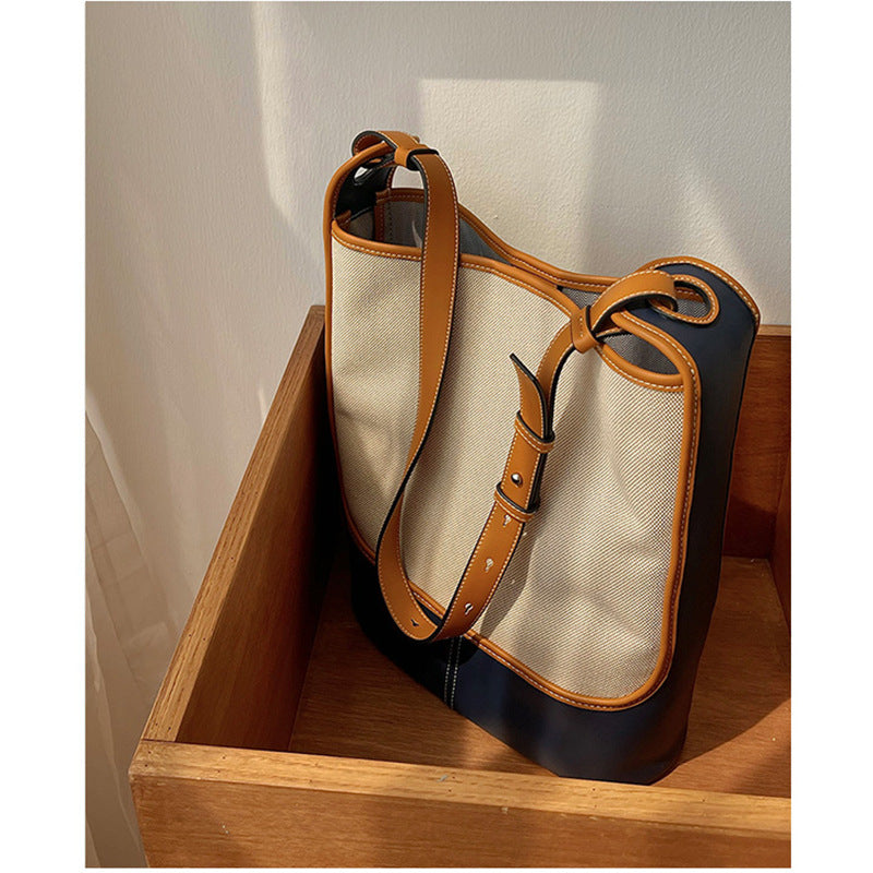 Canvas bag color blocking shoulder bag art handbag large capacity casual women’s crossbody bag