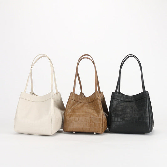 New Top Grain Leather Female Elegant Leather Crocodile Pattern Handbags Cowhide Purses Bucket Bags