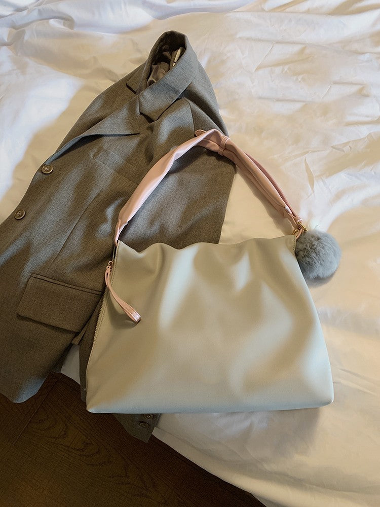Women’s Bucket Tote Bag Zipper Closure Soft PU Leather Large Capacity Morandi Niche High Sense One Shoulder Tote Bag