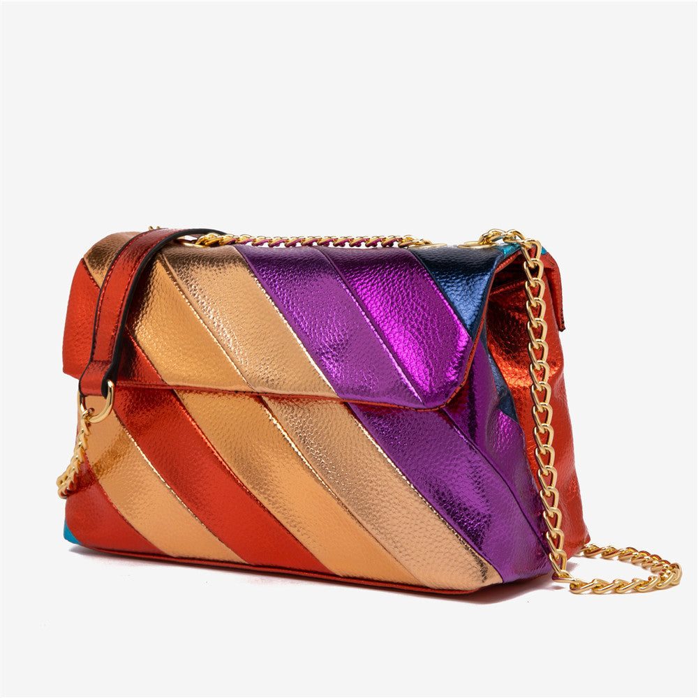 New Arrival Shiny Multi-color Stitching PU Handbag Rainbow Color Metallic Striped Chain Crossbody Bag