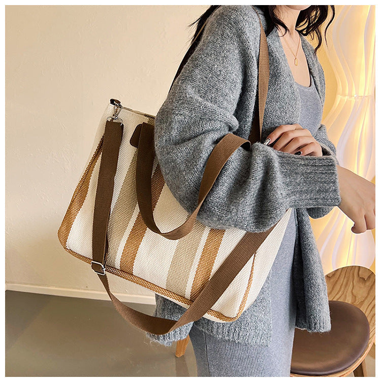 New Fashion Women’s Tote Bag Ladies Shoulder Crossbody Large Capacity Canvas Stripe Tote Bag