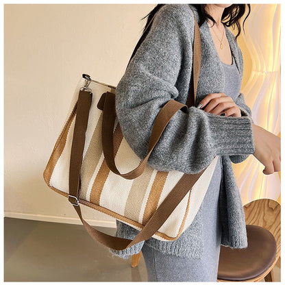 New Fashion Women’s Tote Bag Ladies Shoulder Crossbody Large Capacity Canvas Stripe Tote Bag