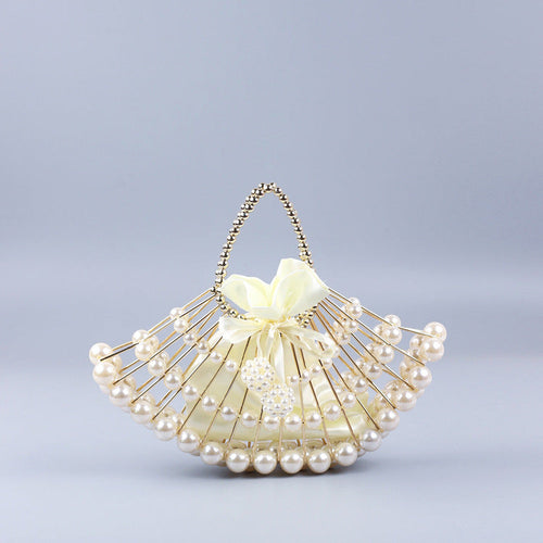 Pearl Hollow Copper Tube Beaded Fan Shape Ladies Dinner Clutch Hand Braided Bag Niche High Quality Handbag