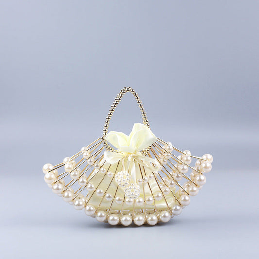 Pearl Hollow Copper Tube Beaded Fan Shape Ladies Dinner Clutch Hand Braided Bag Niche High Quality Handbag