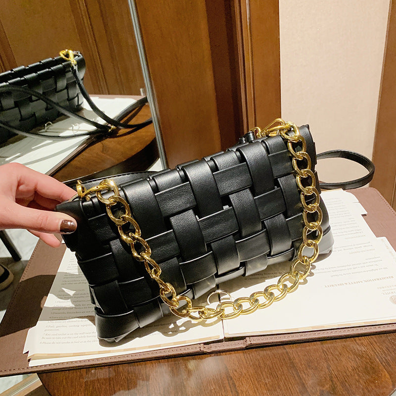 PU Leather Woven Handbag Purse Thick Gold Chain Ladies Crossbody Messenger Bag Chic Square Braid Shoulder Bags