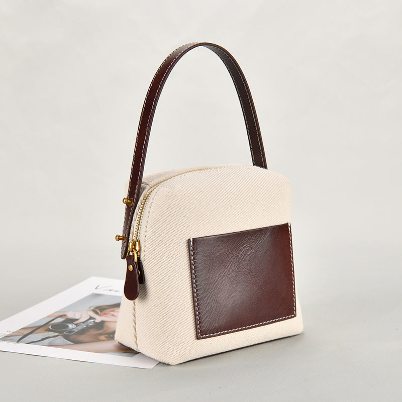 Women Canvas Leather Hit Color Casual Bucket Shoulder Bag Female New Large-capacity Tote Bag Office Ladies Handbags
