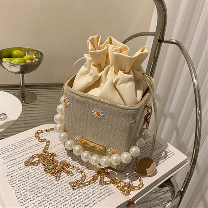 Popular bag women’s 2026 new beach bucket bag straw pearl chain shoulder messenger bag