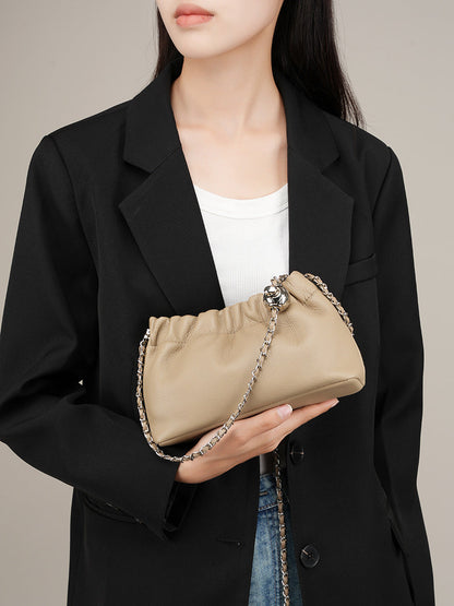 2026 real cowhide leather cloud pleated bag shoulder luxury designer lady fashion crossbody all-match chains Handbags