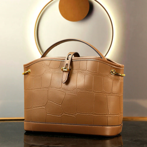 Designer Crocodile Pattern Cowhide Leather Bucket Tote Bag With Long Strap