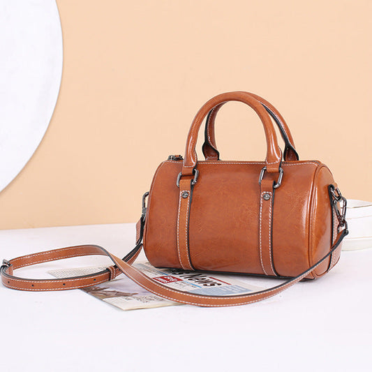 Oil Wax Cowhide Handbag 2026 New Trendy Womens Crossbody Handbag Boston Pillow Bag Genuine Leather Handbag