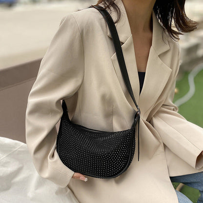 French Style Rhinestones Dumpling Bag Ladies Large Capacity Hobo Bag Fashionable One-shoulder Messenger Bag for Women