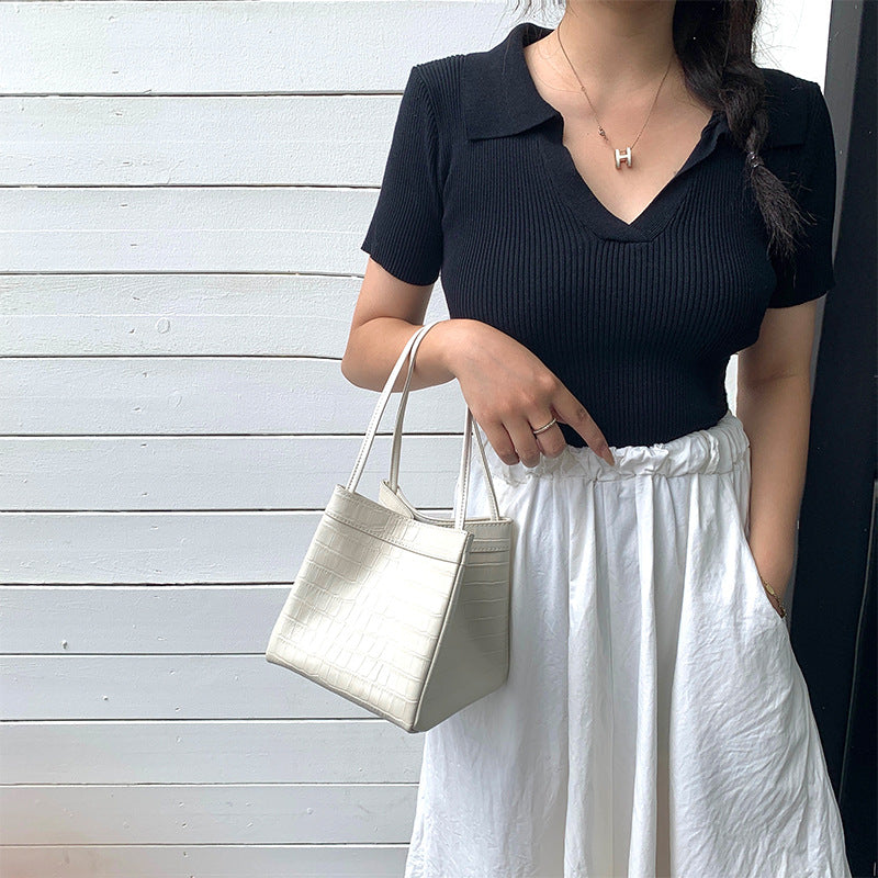 New Top Grain Leather Female Elegant Leather Crocodile Pattern Handbags Cowhide Purses Bucket Bags
