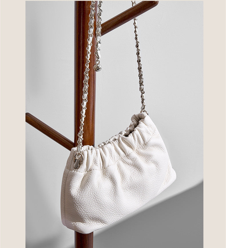 2026 real cowhide leather cloud pleated bag shoulder luxury designer lady fashion crossbody all-match chains Handbags